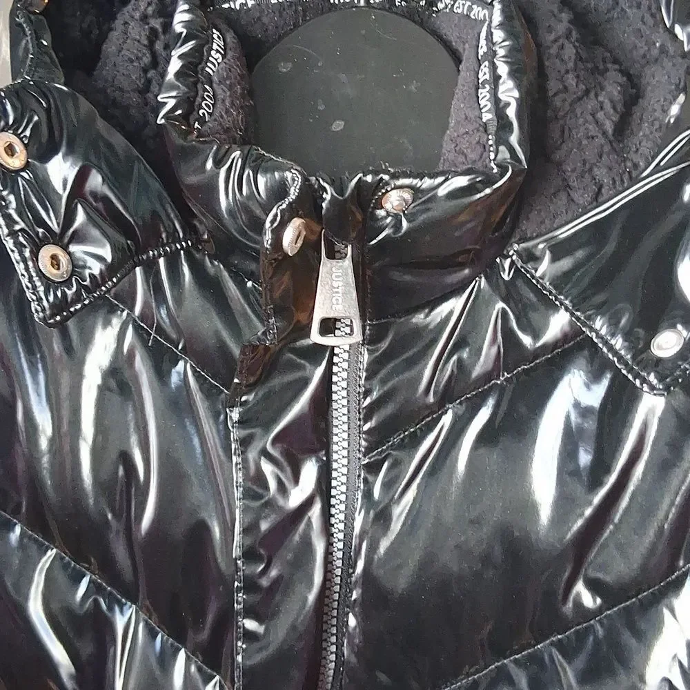 Justice Shiny Black Puffer Jacket with High Collar Sz M-10 Preowned